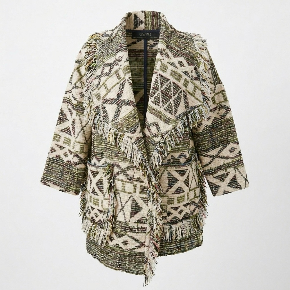 Zara Tribal Geometric Fringe Knit Cardigan Outerwear Jacket -Oversized Boho XS-S